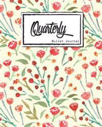 Bullet Journal: Dot Grid, Quarterly Guided, Watercolor with Red Flowers, Notebook, 8 X 10, 90 Page: Small Journal Notebook Diary for A